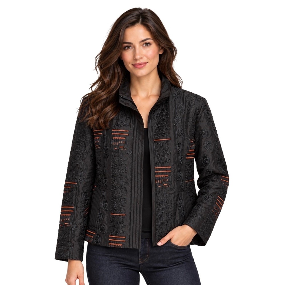 Chico's Black Embroidered Zip Front Jacket Copper Accents Size 1 Medium